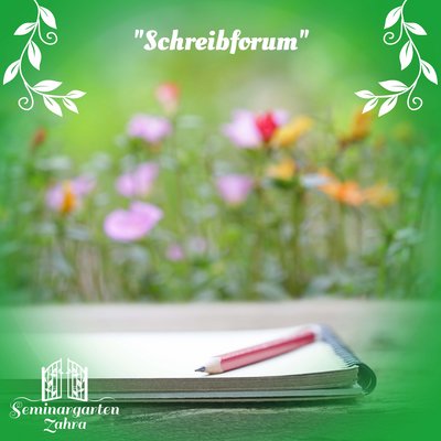 Ein Block mit einem Bleistift liegt auf einerm Tisch vor einer Blumenwiese