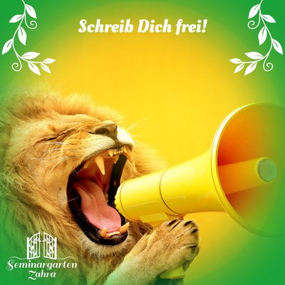 Ein Löwe brüllt in ein Megafon