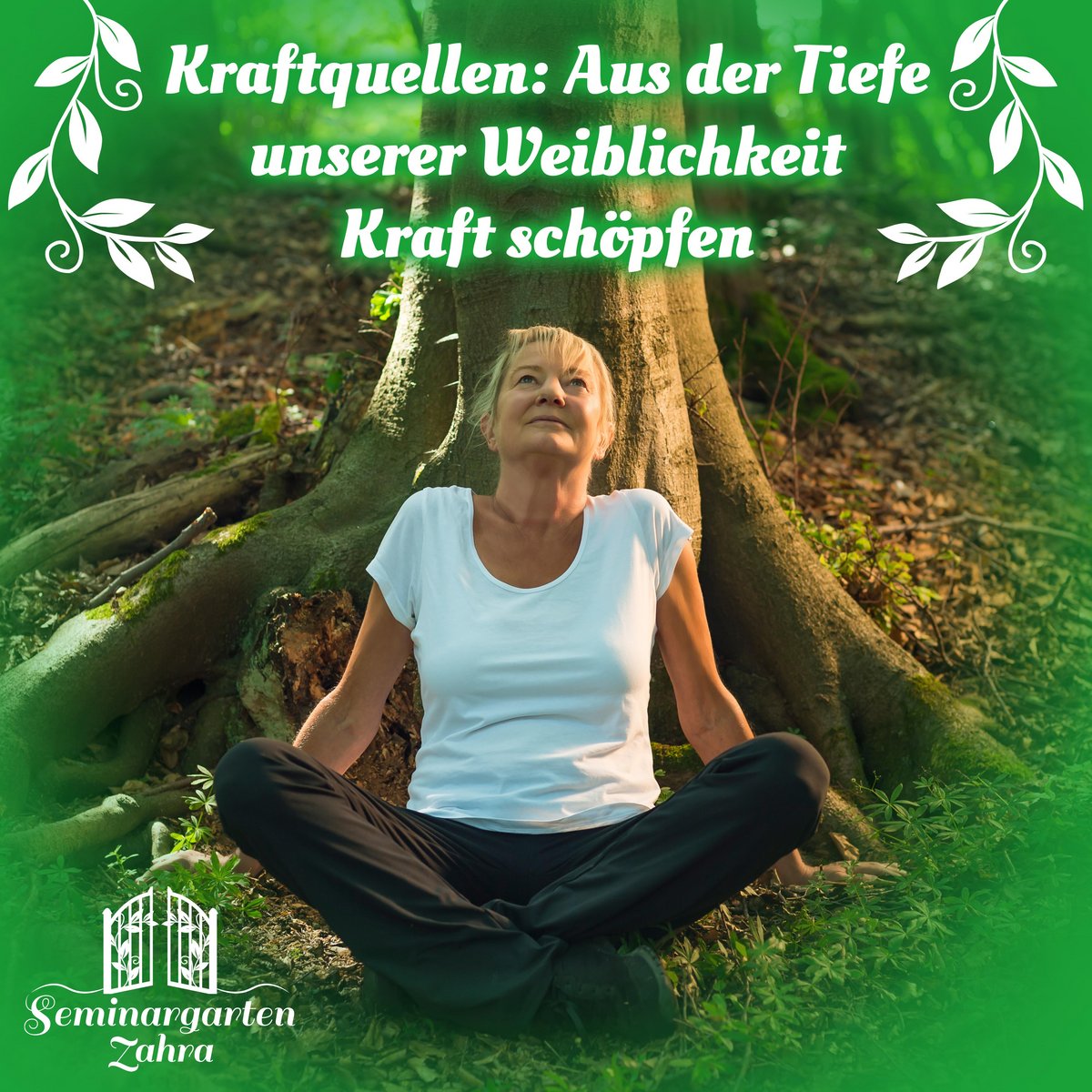 eine frau sitzt meditierend im wald und atmet durch