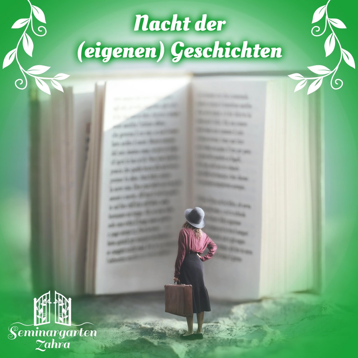 Eine Frau steht vor einem riesigen geöffneten Buch