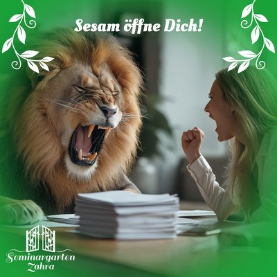 eine frau und ein löwe sitze am tisch beide bruellen ja du schaffst das ein stapel papier vorm löwen