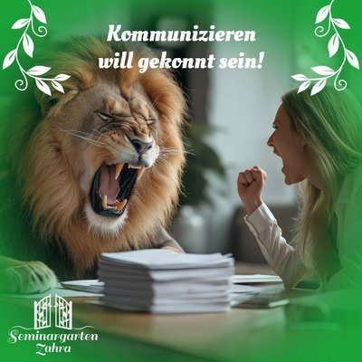 eine frau und ein löwe sitze am tisch beide bruellen ja du schaffst das ein stapel papier vorm löwen