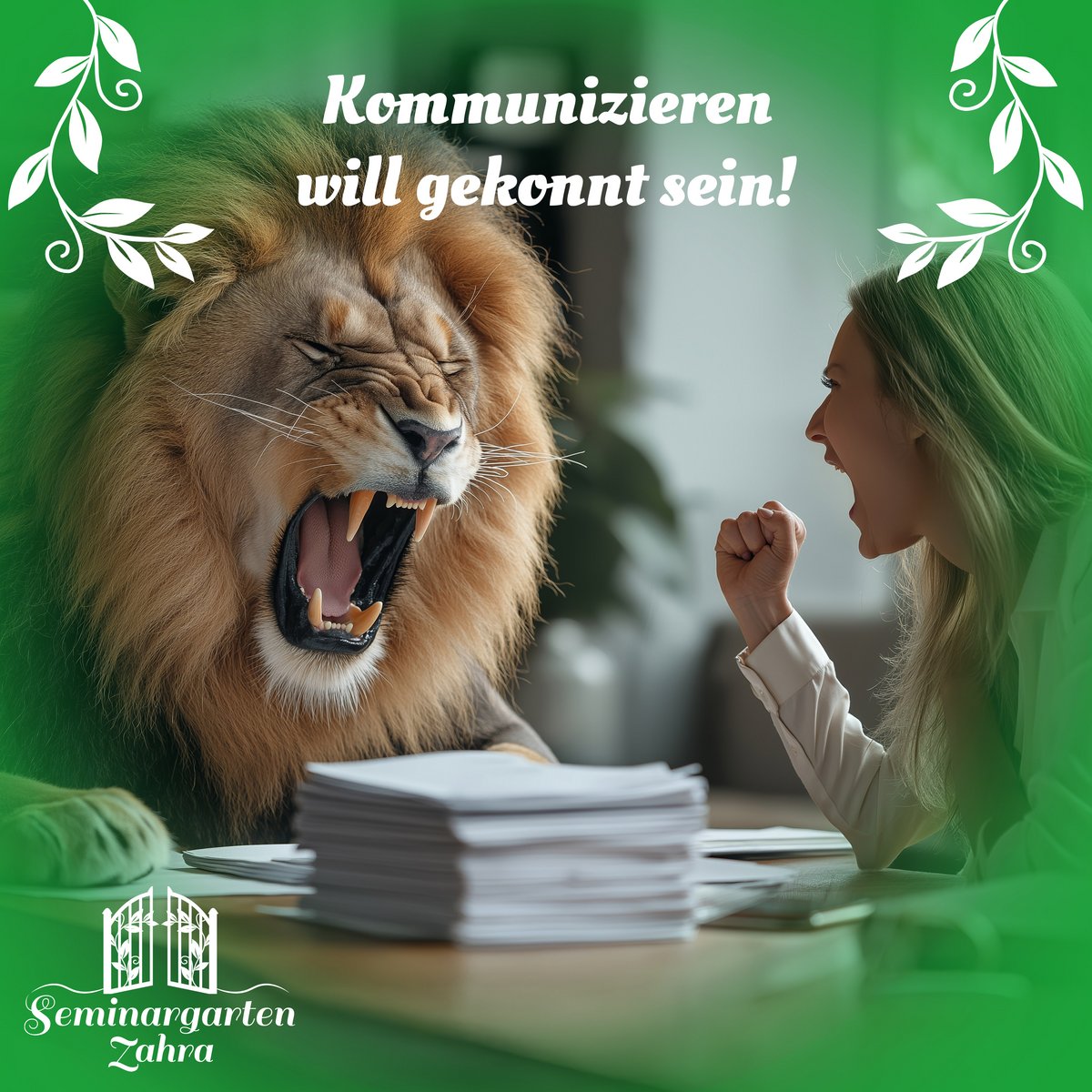 eine frau und ein löwe sitze am tisch beide bruellen ja du schaffst das ein stapel papier vorm löwen